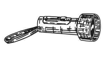 Taschenlampe skizzieren. Clip Art von Wandern Ausrüstung, Reise Attribut. Hand gezeichnet Vektor Illustration isoliert auf Weiß.