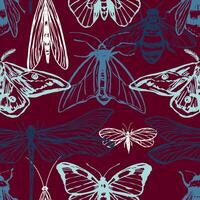 fliegend Insekten Vektor nahtlos Muster. Hand gezeichnet Illustration von Fehler, Schmetterlinge, Libelle, Motte, Bienen. retro Stil Ornament zum Design Hintergrund, Dekor, Hintergrund.