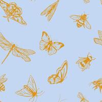 fliegend Insekten Vektor nahtlos Muster. Hand gezeichnet Illustration von Fehler, Schmetterlinge, Libelle, Motte, Bienen. retro Stil Ornament zum Design Hintergrund, Dekor, Hintergrund.