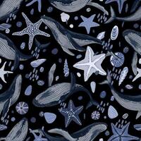 sömlös mönster av blå valar, sjöstjärna, snäckskal. hand dragen vektor illustration. skön under vattnet prydnad.