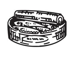 Dosen- Essen skizzieren. Clip Art von Fisch bewahren, Camping Nahrung. Hand gezeichnet Vektor Illustration isoliert auf Weiß.