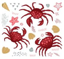 samling av söt krabbor isolerat på vit. abstrakt vektor illustration. färgrik teckning av hav vild djur. uppsättning av tecknad serie cliparts, element för design, skriva ut, slå in, dekor, kort, klistermärke, baner.