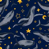 sömlös mönster av blå valar, stjärnor. hand dragen vektor illustration. hav djur- prydnad. skön under vattnet fauna. färgad design för tyg, textil, bakgrund, tapet, skriva ut, dekor, slå in