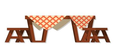 trä dinning tabell med bordsduk och stolar tecknad serie illustration vektor