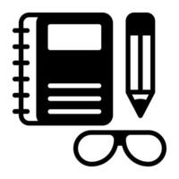 anteckningsbok med penna och glasögon, ikon av pedagogisk tillbehör vektor
