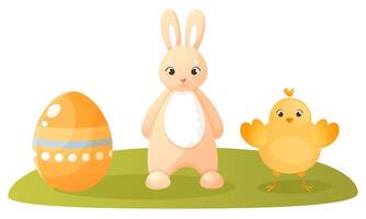 påsk kanin, kyckling, och målad påsk ägg. en söt rosa kanin är stående, en gul kyckling är fladdrande dess vingar. söt tecken för påsk kort eller barns bok vektor