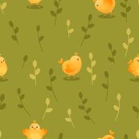 sömlös mönster med gul kycklingar på en grön äng. bruka inhemsk små fåglar. vektor mönster, bakgrund med kycklingar och lövverk. lämplig för förpackning design, textilier