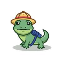 söt gecko maskot vektor illustration. gecko med hatt och ryggsäck isolerat på vit bakgrund.