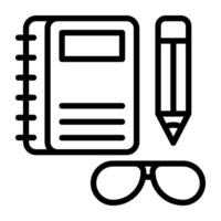 anteckningsbok med penna och glasögon, ikon av pedagogisk tillbehör vektor