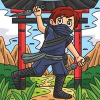 ninja med en kunai färgad tecknad serie illustration vektor