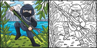 Ninja mit ein Bambus Pole Färbung Illustration vektor