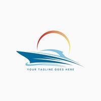 logotyp design grafisk begrepp kreativ premie vektor stock tecken ikon lyx Yacht båt med Vinka strand och solnedgång. relaterad till segla hav resa ö