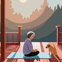 äldre man Sammanträde på yoga matta med hund i morgon- vektor