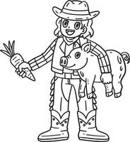 Cowgirl mit Ferkel und Karotte isoliert Färbung vektor