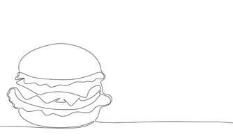 Burger einer Linie kontinuierlich Linie. Linie Kunst Cheeseburger Gliederung Banner im minimal Stil. Hand gezeichnet Vektor Kunst.