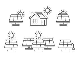 sol- panel separat och på hus, ackumulera Sol energi, linje ikon uppsättning. alternativ elektrisk generation från solljus. vektor översikt illustration