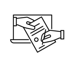 Digital Unterschrift auf elektronisch dokumentieren, Linie Symbol. online Zustimmung Unterzeichnung, Entfernung Vertrag auf Notizbuch. Vektor Illustration