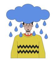 Regentropfen Wolke über arabisch Mann Kopf 2d linear Karikatur Charakter. Einsamkeit Brille Erwachsene männlich isoliert Linie Vektor Person Weiß Hintergrund. emotional Ausdruck Farbe eben Stelle Illustration