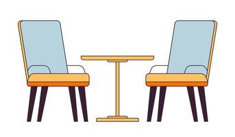 zwei Stühle um Tabelle 2d linear Karikatur Objekt. Cafeteria Sessel isoliert Linie Vektor Element Weiß Hintergrund. Terrasse Cafe Innere Möbel Salon Sitzung Farbe eben Stelle Illustration