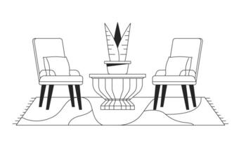 mysigt uteplats sittplatser möbel svart och vit 2d linje tecknad serie objekt. två stolar blomkruka isolerat vektor översikt Artikel. matta golv beläggning under fåtöljer enfärgad platt fläck illustration