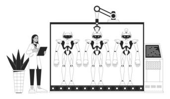 robotik byggnad svart och vit 2d illustration begrepp. ingenjör kontrollerande maskiner på transportband tecknad serie översikt karaktär isolerat på vit. programvara utveckling liknelse svartvit vektor konst