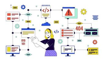 Computer Netzwerk 2d linear Illustration Konzept. Software Ingenieur Arbeiten mit Digital Daten Karikatur Charakter isoliert auf Weiß. Software Entwicklung Metapher abstrakt eben Vektor Gliederung Grafik