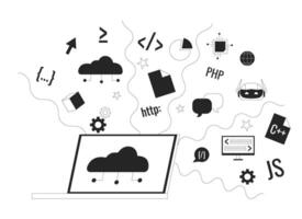 moln baserad programvara utveckling svart och vit 2d linje tecknad serie objekt. saas teknologi i programmering isolerat vektor översikt Artikel. webb design uppkopplad verktyg enfärgad platt fläck illustration