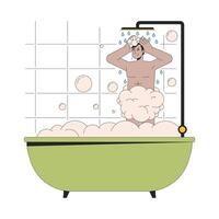 indisch Mann Duschen im Badewanne 2d linear Karikatur Charakter. Süd asiatisch jung Erwachsene männlich isoliert Linie Vektor Person Weiß Hintergrund. Waschen Haar mit Shampoo Farbe eben Stelle Illustration