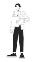 asiatisch männlich Büro Arbeiter halten Papierkram schwarz und Weiß 2d Linie Karikatur Charakter. Koreanisch Erwachsene korporativ Mitarbeiter isoliert Vektor Gliederung Person. Mannschaft Mitglied monochromatisch eben Stelle Illustration