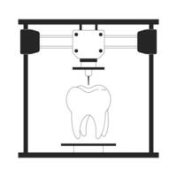 Dental implantieren Prothese auf 3d Drucker schwarz und Weiß 2d Linie Karikatur Objekt. Zusatzstoff Herstellung Gerät isoliert Vektor Gliederung Artikel. Technik dreidimensional monochromatisch eben Stelle Illustration