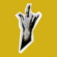 ein Rocker Hand mit ein Grunge-Pop-Art-Rock Collage. ein schwarz Gelb Punkt Bild. das Produkt sieht aus mögen ein Ausschnitt von ein Zeitschrift. hell groß und klein Punkte erstellen ein Form. Hand hoch, ein Zeichen von Liebe vektor