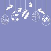 Ostern Karte mit Girlande von Jahrgang Ostern Eier und Hasen auf Blau Hintergrund mit Platz zum Ihre Text. Girlande mit Silhouetten von Jahrgang Eier suspendiert auf Saiten mit Hasen. vektor