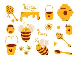 honung uppsättning med bin för unik och minimalistisk förpackning design av honung Produkter och för biodling. bikupa, burk hinkar för bin, blomma, honung släppa och söt bin. vektor