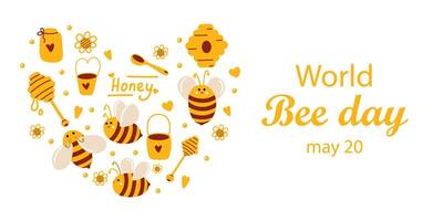 värld öl dag av 20 Maj. baner med söt honung bin i platt-lay stil för webb använda sig av, utskrift, banderoller, bakgrunder. fira värld bi dag och omtänksam för bin. biodling och djur- vård vektor