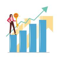 Frau Stehen auf Blau Diagramm, halten ein golden Erfolg Schlüssel zu finanziell und Geschäft Wachstum vektor