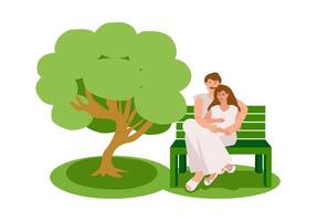 ein jung verheiratet Paar, ein Mann und ein schwanger Gattin, sind Sitzung im ein Umarmung auf ein Park Bank in der Nähe von ein Baum im das Sommer. Zukunft Eltern, Schwangerschaft, Datierung, Urlaub. Vektor eben Illustration.