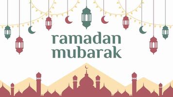 ramadan mubarak bakgrund för affischer, kort, täcker, och andra. skön design i mjuk pastell färger med dekorativ lyktor och moské silhuett. vektor
