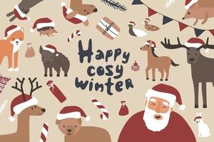 roligt handritat julkort med söta djur i tomtehattar och glad jultomte. vektor illustration på beige bakgrund