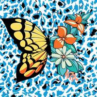 T-Shirt Design von ein Schmetterling gemischt mit Blumen. nahtlos Muster von Orange Leopard drucken. vektor