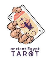 uralt Ägypten Tarot. T-Shirt Design von ein Hand halten ein ägyptisch Tarot Karte Nummer acht auf ein Weiß Hintergrund. vektor