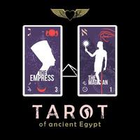 Tarot von uralt Ägypten. T-Shirt Design von das Karten namens das Kaiserin und das Zauberer auf ein schwarz Hintergrund. geflügelt Herz vektor