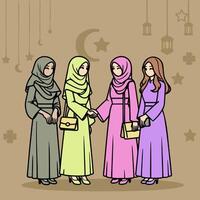 vier Muslim weiblich sind zittern Hände und versöhnlich jeder andere. islamisch Familie eid Mubarak Konzept vektor