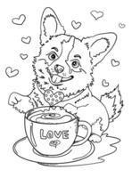 süß Corgi genießen Kaffee, umgeben durch Herzen Färbung Seite, isoliert schwarz und Weiß vektor