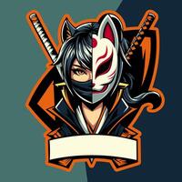 flicka ninja karaktär esport logotyp. kitsune mask maskot logotyp design vektor med modern illustration begrepp stil för märken, emblem och esports lag.