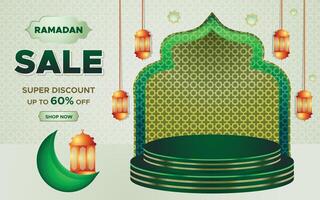 Ramadan kareem Super Verkauf Netz Banner Hintergrund mit Podium zum Anzeige von Produkt. Ramadan groß Verkauf Beförderung Poster und Sozial Medien Post. islamisch Besondere Angebot Beförderung Banner Design Vorlage vektor