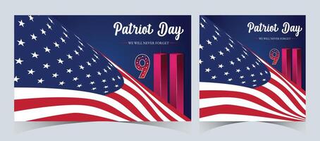 uppsättning av minns september 9 11. patriot dag. september 11. aldrig glömma USA 9 11. tvilling torn på amerikan flagga. värld handel Centrum nio elva. vektor design mall i röd, vit, och blå Färg