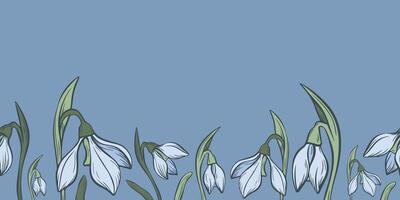botanisch Schneeglöckchen Blume nahtlos Muster. Hand gezeichnet Linie Kunst mit Winter Blätter und Blumen zum Hochzeit Einladung und Karten, Textil- Produkte, Verpackung Papier, Hintergrund und Plakate Vorlage. vektor