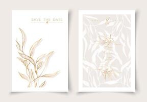 uppsättning av kort minimal hand dragen gren element i guld linje konst stil. botanisk löv ram mall. redigerbar vektor design kort för reklam, omslag, bröllop inbjudan, affisch eller spara de datum