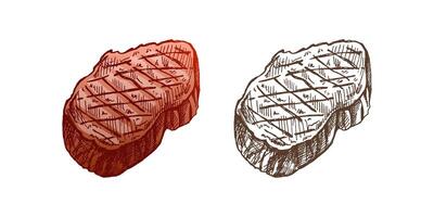 organisk mat. ritad för hand färgad och svartvit vektor skiss av ribeye biff, nötkött biff, bit av kött. klotter årgång illustration. dekorationer för de meny av kaféer och etiketter. graverat bild.