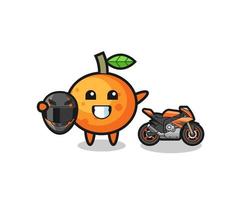 süßer Mandarinen-Cartoon als Motorradrennfahrer vektor